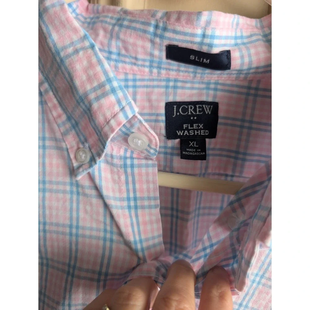 J Crew Shirt Men's XL Slim Fit ‎ Plaid Flex Washed  Pink Blue preppy EXC Button
